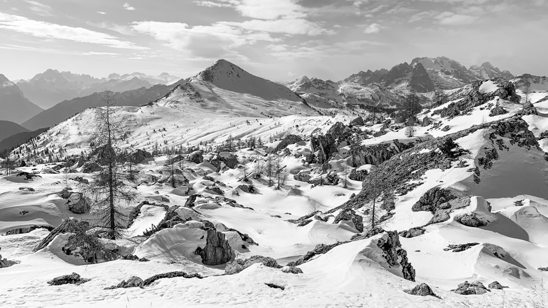a black and white photo of a snowy mountain