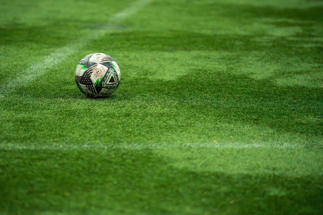 A soccer ball rests on a green field.