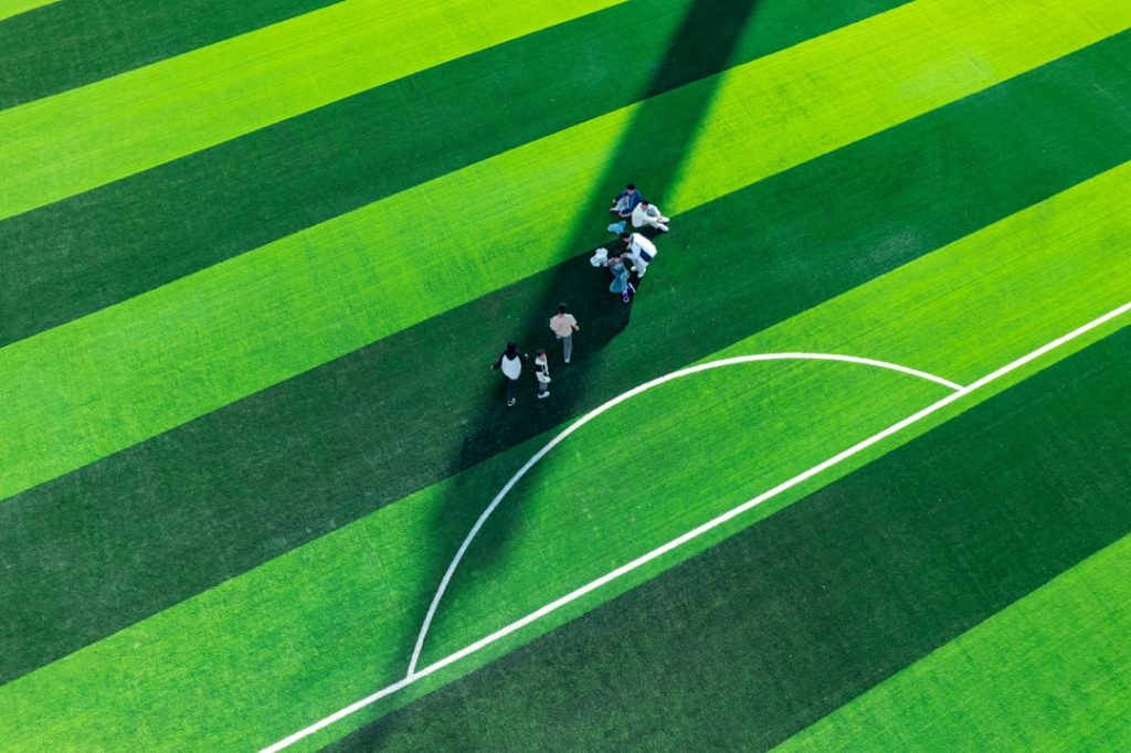 Aerial view of a soccer team on a green field
