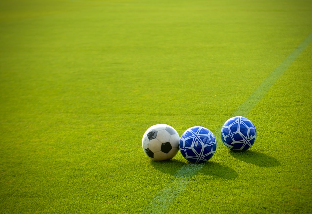 Three soccer balls on a green field
