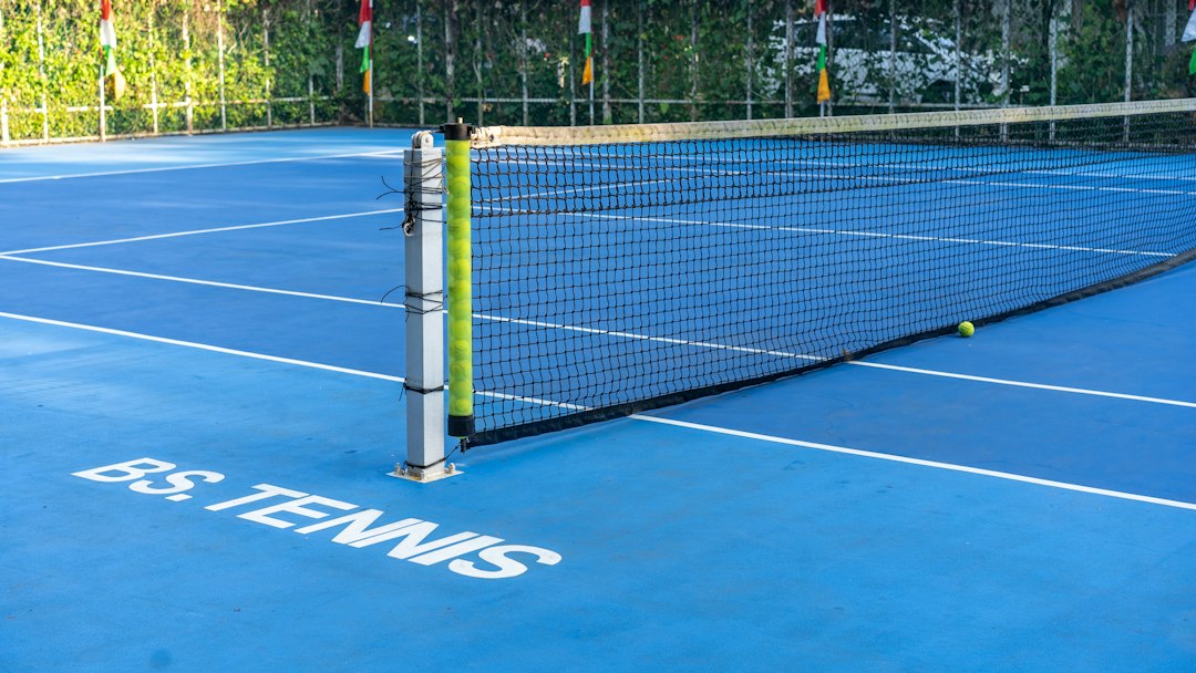 Blue tennis court with net and ball